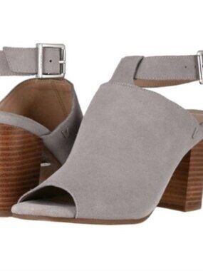Vionic Kaia Grey Suede Ankle Strap Block Heel Slingback Peep Toe